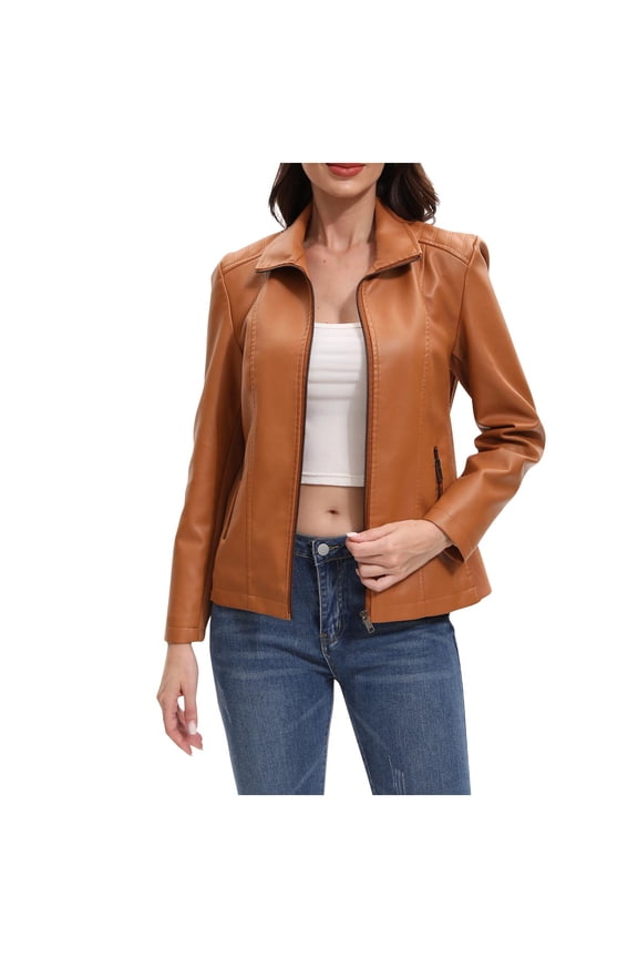 Women Long Sleeve Lapel Zip Up Faux Leather Cropped Moto Jacket Slim Fit Solid Biker Outer Coat, Mid Weight Wrinkle Resistant Transitional Outerwear for Spring Fall