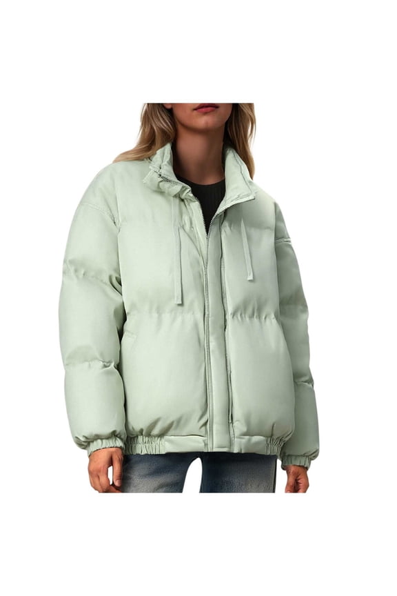 Women Long Sleeve Stand Collar Zip Up Boxy Quilted Puffer Jacket Regular Fit Solid Loose Warm Padded Coat Mid Weight Wrinkle Resistant Casual Outdoor Transitional Outer