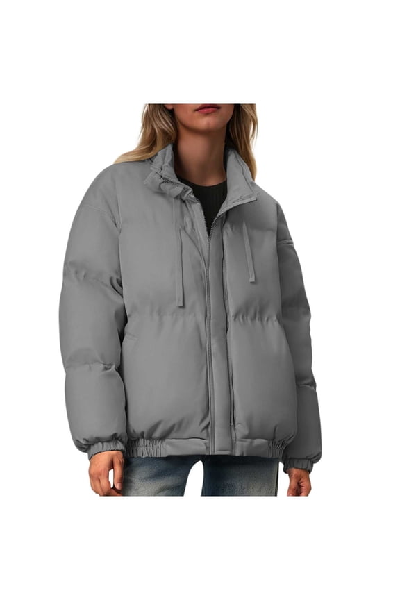 Women Long Sleeve Stand Collar Zip Up Boxy Quilted Puffer Jacket Regular Fit Solid Loose Warm Padded Coat Mid Weight Wrinkle Resistant Casual Outdoor Transitional Outer