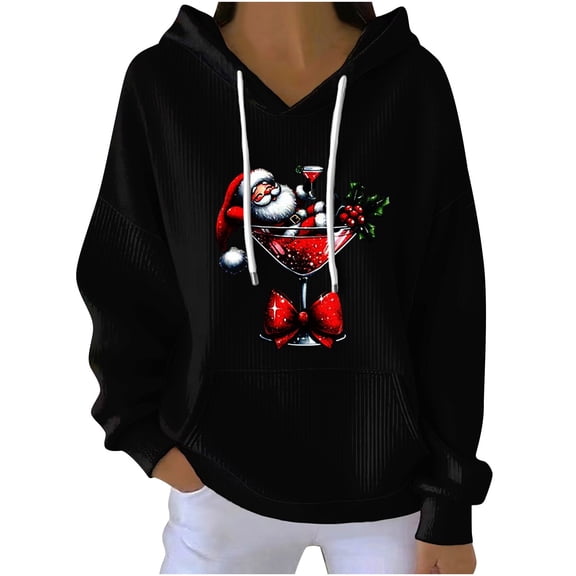 Lopecy-Sta Women Long Sleeve Tops Merry Christmas Fashion Hoodies Xmas Tree Print Oversized Pullover Casual Long Sleeve Hooded Sweatshirt
