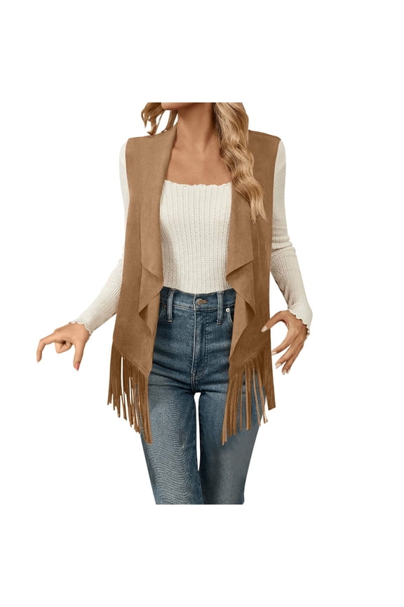 Women Sleeveless Open Front Frayed Suede Long Vest Regular Fit Button Pocket Fringe Trim Western Gilet Mid Weight Wrinkle Resistant Casual Transitional Layering for Fall Winter