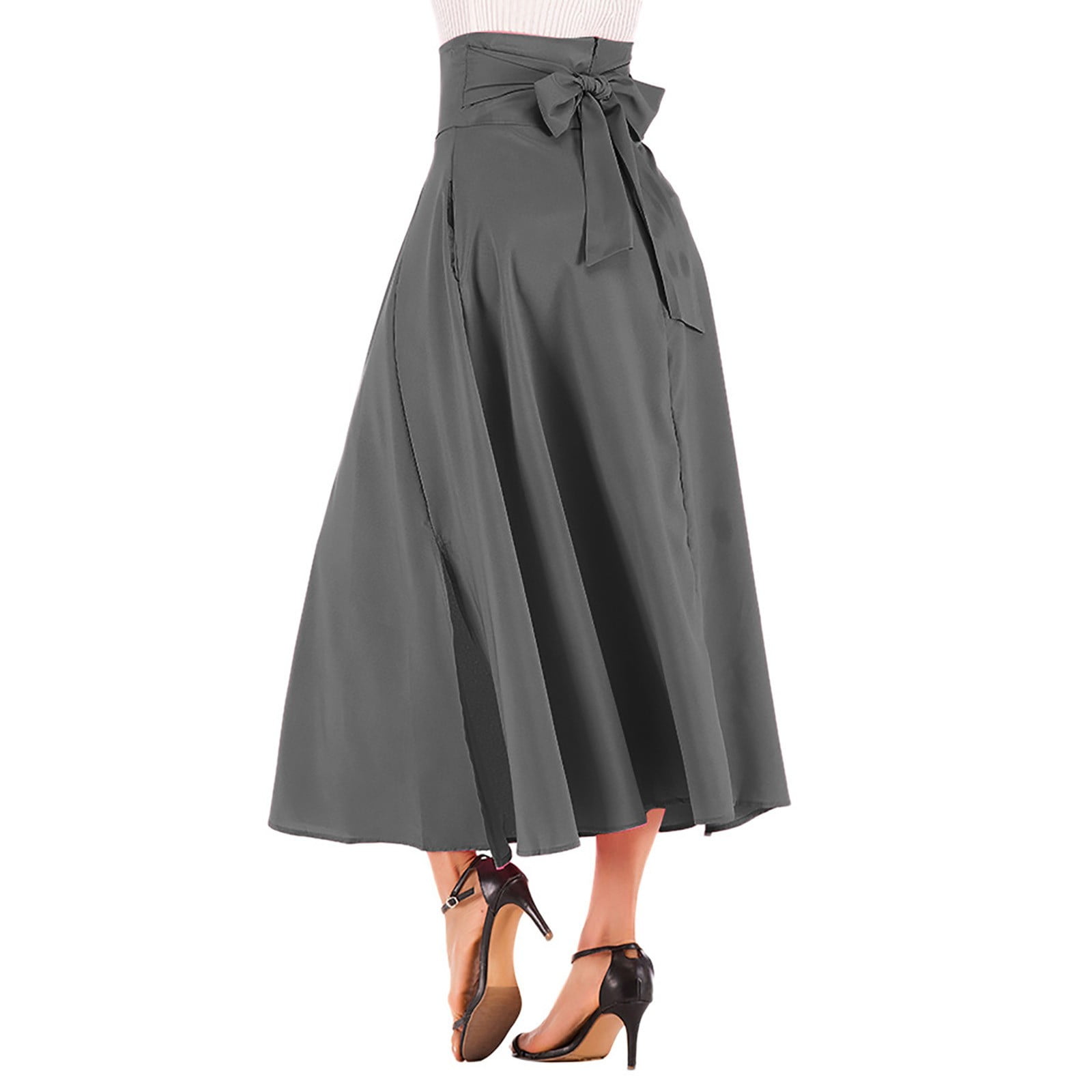 LopecySta Women Solid Color High Waist Pleated A Line Long Skirt Front Slit Belted Maxi Womens