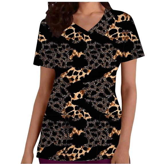 Lopecy-Sta Tops for Women V Neck Short Sleeve Leopard Print Scrub Tops Professional Medical Uniform Blouses