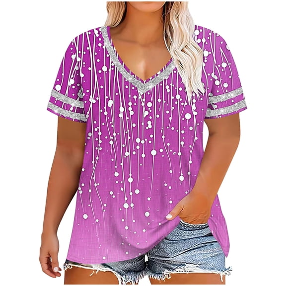 Lopecy-Sta Womens Plus Size Tops V Neck Short Sleeve Polka Dot Print Shirts Loose Fit Beach Blouses