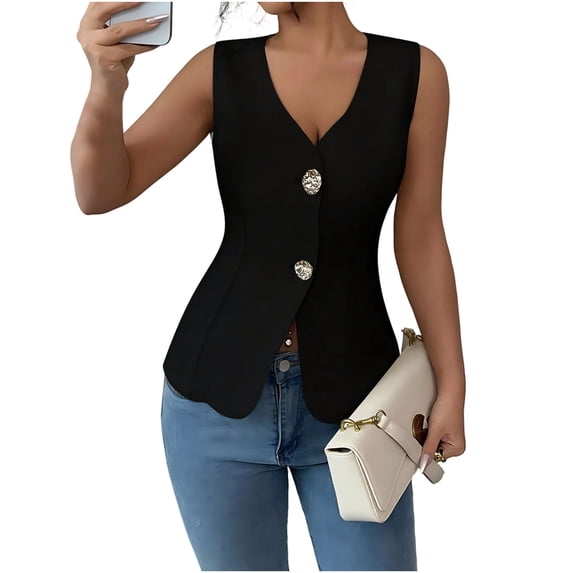 Lopecy-Sta Women's Blazer Vest V-Neck Sleeveless Single-Breasted Fitted Waistcoat with Decorative Gold Buttons Casual Tailored Suit Vest for Daily and Office