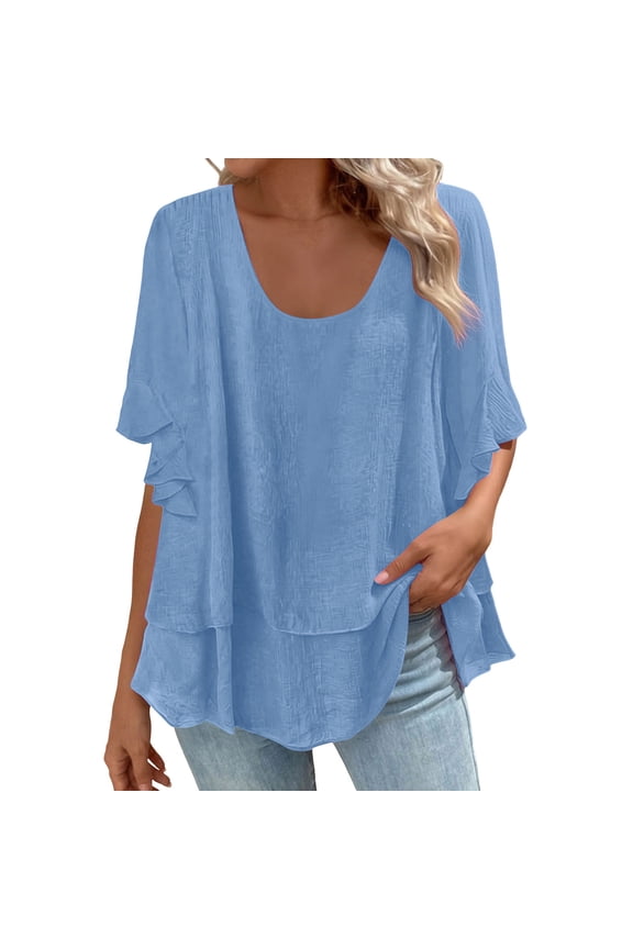 Women's Blouse U-Neck Layered Ruffle Sleeve Casual Loose Fit Crinkle Gauze Flowy Top Lightweight Solid Color Summer Shirt for Daily Wear