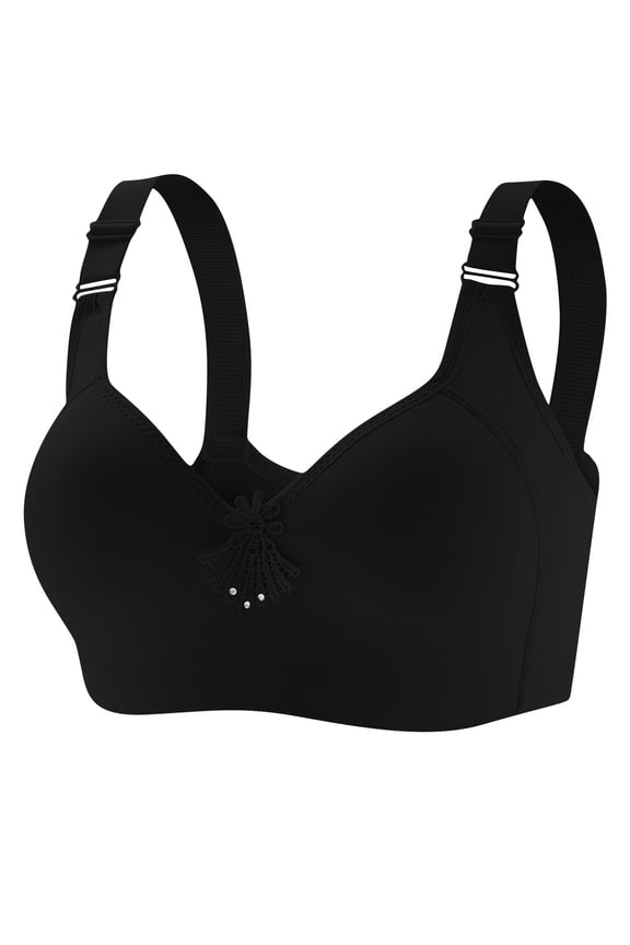 Women's Bra Deep V‑Neck Solid Smooth Supportive Bralette with Wide Adjustable Shoulder Straps Exquisite Lace Rhinestone Decor at Center Front