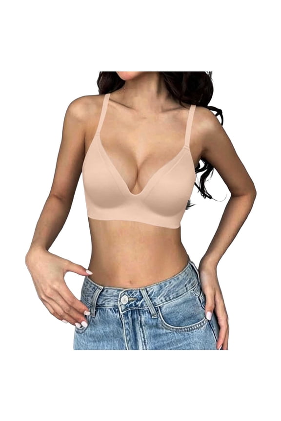Women’s Bra Seamless Deep V Wireless Invisible Comfort Everyday Bralette with Adjustable Thin Straps No Underwire Push-Up Support Bra
