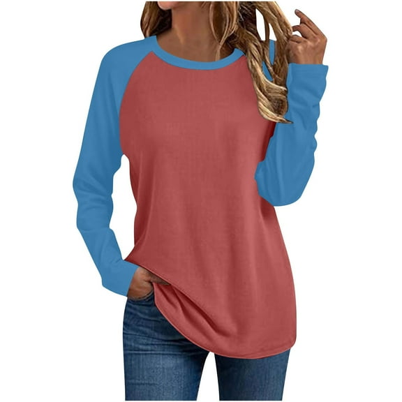 Lopecy-Sta Women's Casual Crewneck Raglan Long Sleeve Top, Solid Color Colorblock Shirt, Loose Basic Layering Tunic for Daily Work Casual Wear Wine S