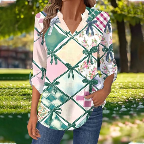 Lopecy-Sta Women's Casual Floral Bow Print Long Sleeve Blouse, V-Neck Button Pleated Loose Tunic Top Green XL