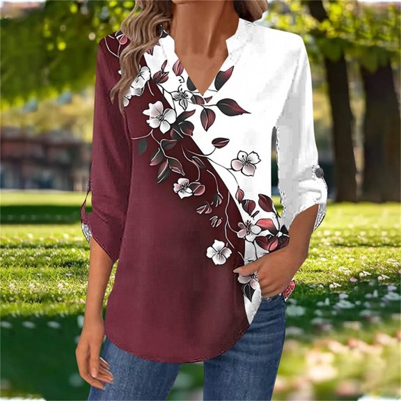 Lopecy-Sta Women's Casual Floral Bow Print Long Sleeve Blouse, V-Neck Button Pleated Loose Tunic Top Red L