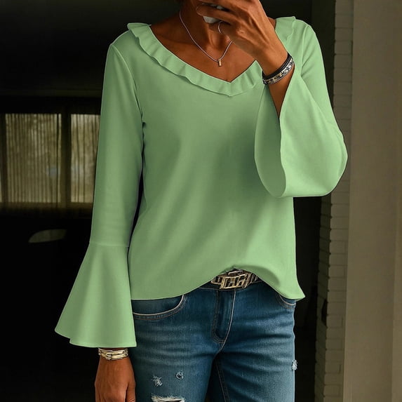Lopecy-Sta Women's Casual Loose Ruffle V-Neck Blouse, Bell Long Sleeve Solid Color Top for Daily Work Casual Outfits Green L