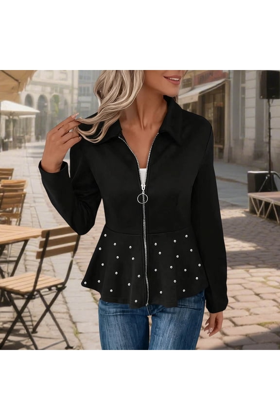 Women's Casual Zip-Up Peplum Jacket, Long Sleeve Collared Studded Cardigan Top for Daily Wear & Party Black 2XL