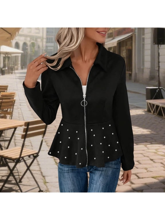Women's Casual Zip-Up Peplum Jacket, Long Sleeve Collared Studded Cardigan Top for Daily Wear & Party Black L