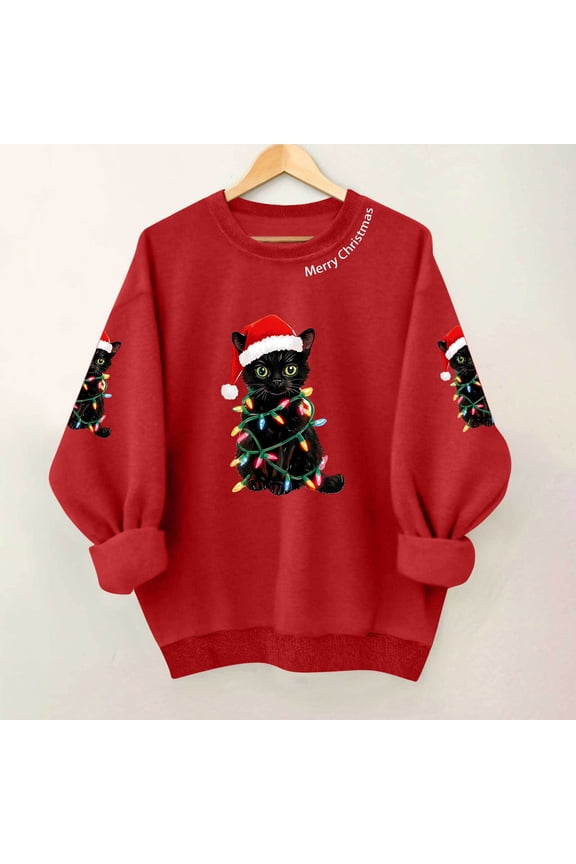 Women's Christmas Cat Print Crew Neck Sweatshirt, Polyester Casual Long Sleeve Pullover Top Red L