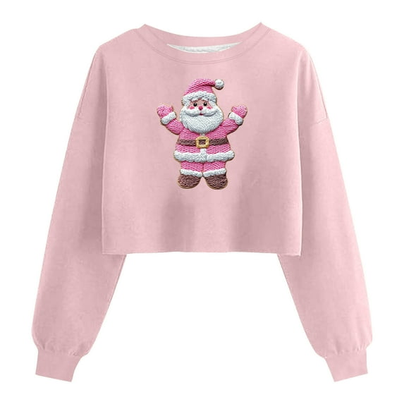 Lopecy-Sta Women's Christmas Holiday Graphic Crop Top Sweatshirt, "Holiday Cheer Poured Here" Loose Casual Crewneck Long Sleeve Pullover Top for Women Pink L