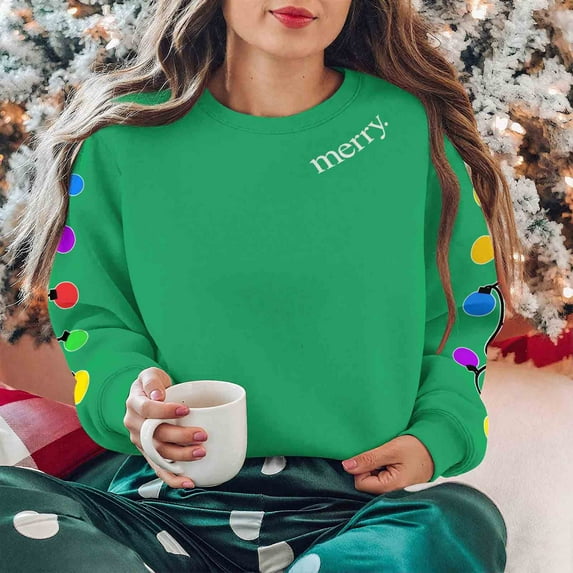 Lopecy-Sta Women's Christmas Merry Print Crewneck Sweatshirt, Fleece-Lined Long Sleeve Casual Pullover Top for Holiday Party Daily Wear Green 2XL