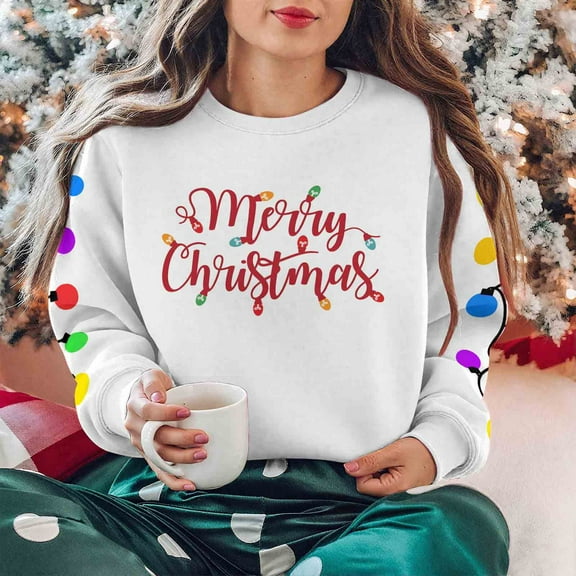 Lopecy-Sta Women's Christmas Merry Print Crewneck Sweatshirt, Fleece-Lined Long Sleeve Casual Pullover Top for Holiday Party Daily Wear White 2XL