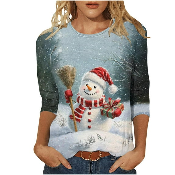 Lopecy-Sta Women's Christmas Neon Christmas Tree Graphic 3/4 Sleeve T-Shirt, Casual Crew Neck Cotton Top, Loose Festive Holiday Shirt for Women Gray L