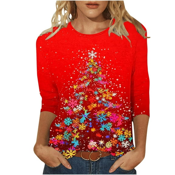 Lopecy-Sta Women's Christmas Neon Christmas Tree Graphic 3/4 Sleeve T-Shirt, Casual Crew Neck Cotton Top, Loose Festive Holiday Shirt for Women Red XL