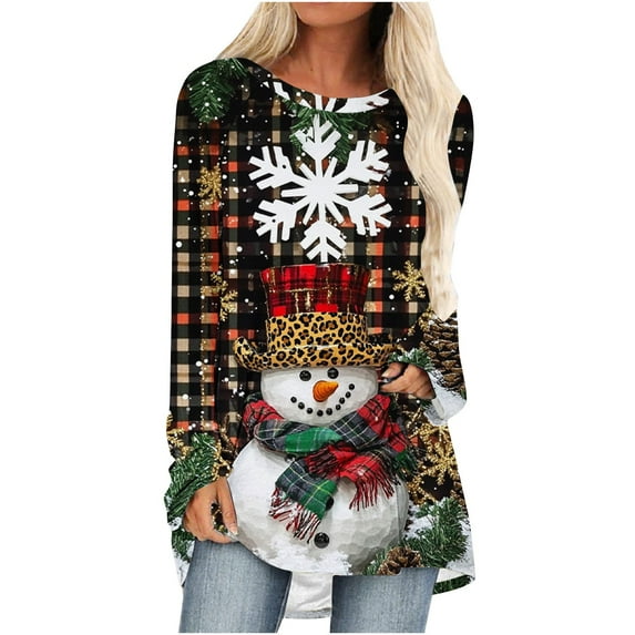 Lopecy-Sta Women's Christmas Santa Claus Print Top, Casual Long Sleeve Round Neck Tunic Shirt, Loose Fit Cotton Blouse for Holiday Black S