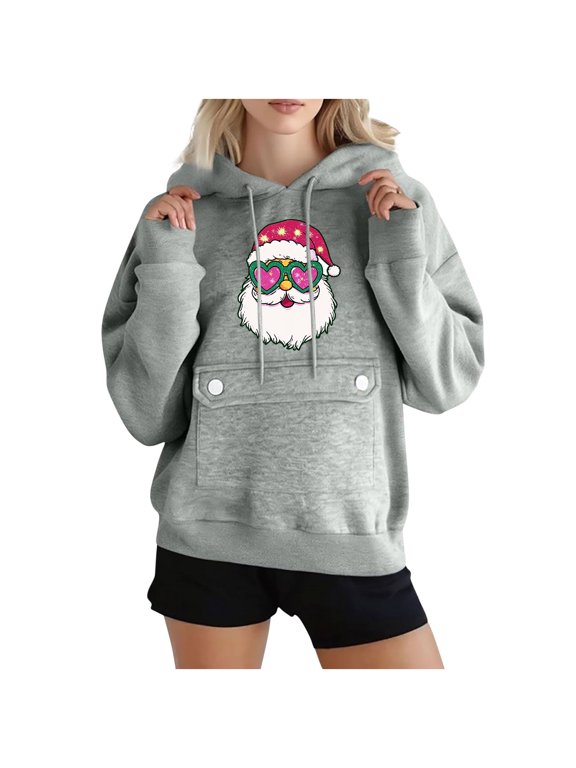 Women's Christmas Santa Heart Sunglasses Print Hoodie, Fleece-Lined Japanese Sweatshirt Long Sleeve Pocket Pullover Gray S