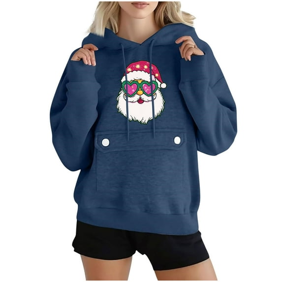 Lopecy-Sta Women's Christmas Santa Heart Sunglasses Print Hoodie, Fleece-Lined Japanese Sweatshirt Long Sleeve Pocket Pullover Navy S