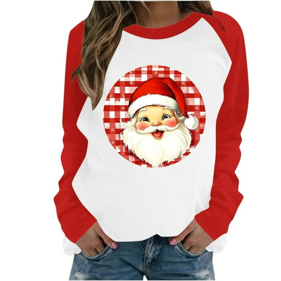Lopecy-Sta Women's Christmas Santa Plaid Raglan Sweatshirt, Casual Long Sleeve Crew Neck Pullover, Healthy Fabric Fleece Holiday Top for Women Red L