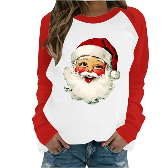 Lopecy-Sta Women's Christmas Santa Plaid Raglan Sweatshirt, Casual Long Sleeve Crew Neck Pullover, Healthy Fabric Fleece Holiday Top for Women Red S