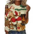 thumbnail image 1 of Lopecy-Sta Women's Christmas Santa & Reindeer Print Long Sleeve T-Shirt, Casual Crew Neck Cotton Top, Festive Holiday Pullover for Women Beige XL, 1 of 4