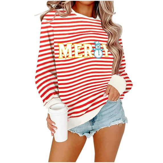 Lopecy-Sta Women's Christmas Snowflake Graphic Striped Crew Neck Sweatshirt, Long Sleeve Drop Shoulder Polyester Top, Festive Holiday Pullover White L
