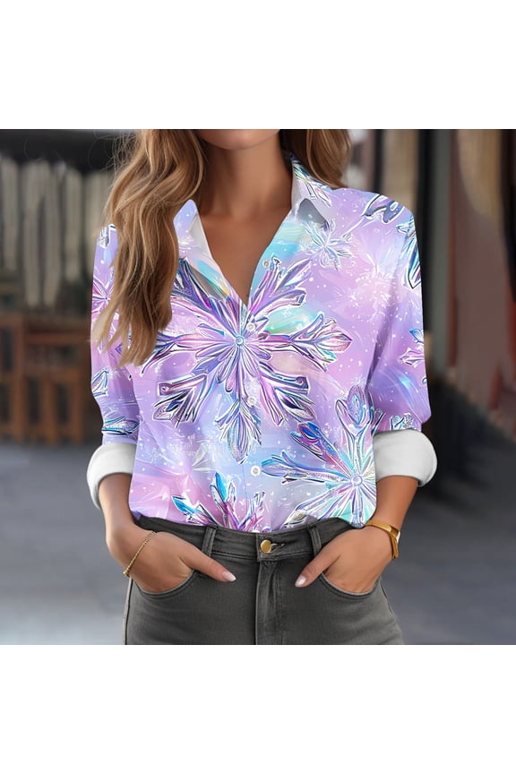 Women's Christmas Snowflake Print Button-Down Blouse, Long Sleeve Gradient Loose Casual Shirt Top Purple M