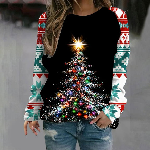 Lopecy-Sta Women's Christmas Snowflake Print Long Sleeve T-Shirt, Loose Crew Neck Casual Holiday Top Multicolor 2XL