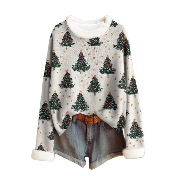 Lopecy-Sta Women's Christmas Snowflake Print Sweater, Long Sleeve Fuzzy Knitted Cotton Top, Casual Crew Neck Pullover for Fall Winter Holiday Beige 3XL