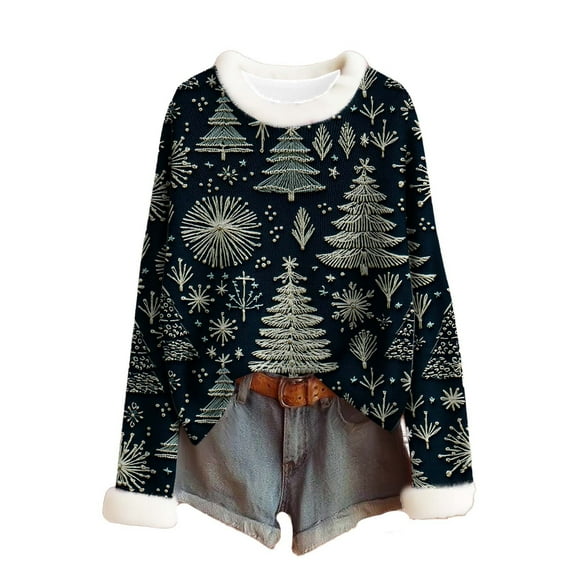 Lopecy-Sta Women's Christmas Snowflake Print Sweater, Long Sleeve Fuzzy Knitted Cotton Top, Casual Crew Neck Pullover for Fall Winter Holiday Green L