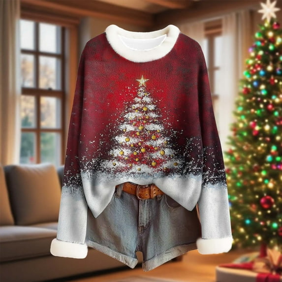 Lopecy-Sta Women's Christmas Snowflake Print Sweater, Long Sleeve Fuzzy Knitted Cotton Top, Casual Crew Neck Pullover for Fall Winter Holiday Red S