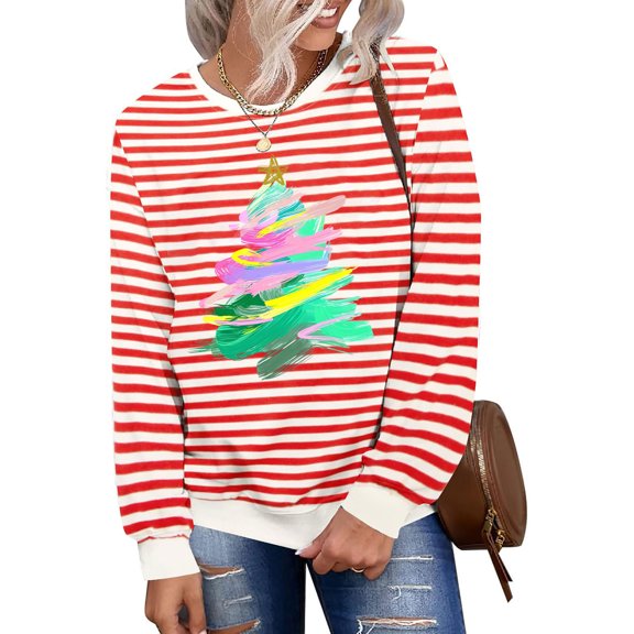 Lopecy-Sta Women's Christmas Striped Tree Print Crew Neck Sweatshirt, Loose Drop Shoulder Polyester Long Sleeve Top, Festive Holiday Pullover White M