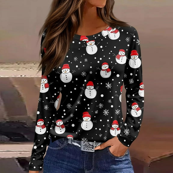 Lopecy-Sta Women's Christmas Tree Graphic Print Crew Neck Long Sleeve Top, Loose Casual Holiday T-Shirt for Party Daily Wear Black S
