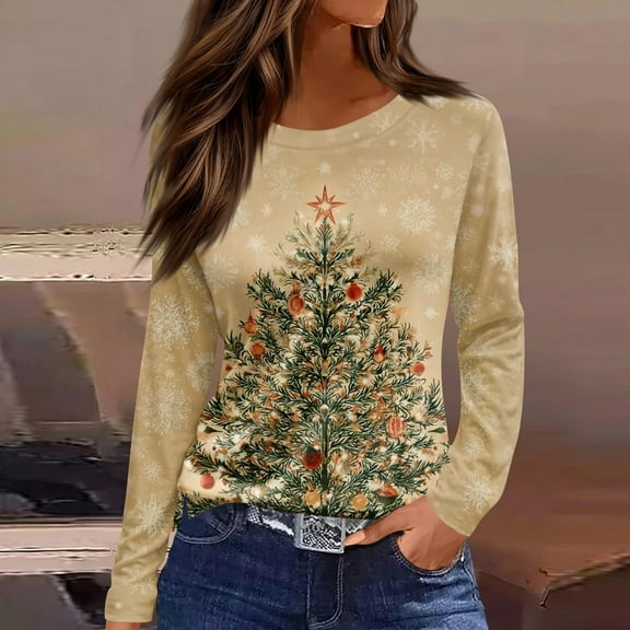 Lopecy-Sta Women's Christmas Tree Graphic Print Crew Neck Long Sleeve Top, Loose Casual Holiday T-Shirt for Party Daily Wear Yellow XL