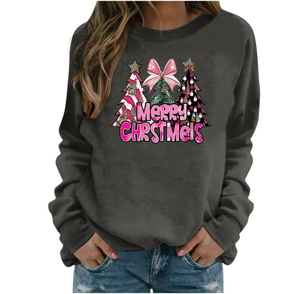Lopecy-Sta Women's Christmas Tree Merry Christmas Pink Print Crew Neck Sweatshirt, Polyester Drop Shoulder Long Sleeve Casual Pullover Gray 3XL