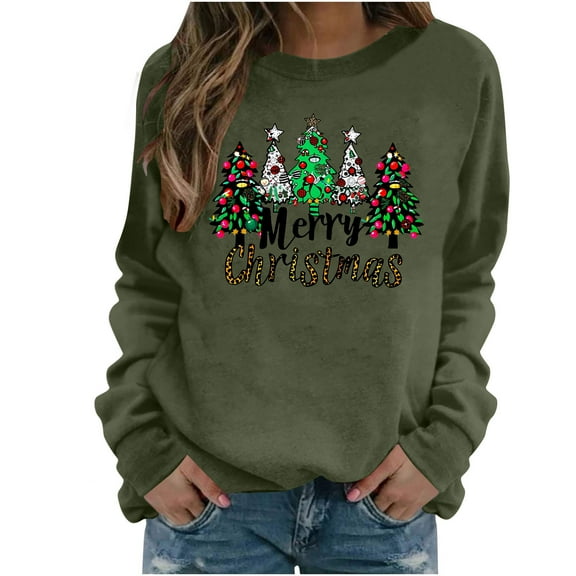 Lopecy-Sta Women's Christmas Tree Merry Christmas Print Crew Neck Sweatshirt, Polyester Drop Shoulder Long Sleeve Casual Pullover Green 3XL