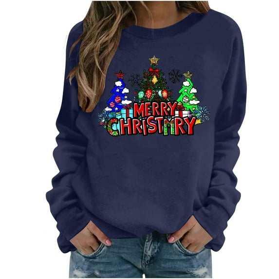 Lopecy-Sta Women's Christmas Tree Merry Christmas Print Crew Neck Sweatshirt, Polyester Drop Shoulder Long Sleeve Casual Pullover Navy XL