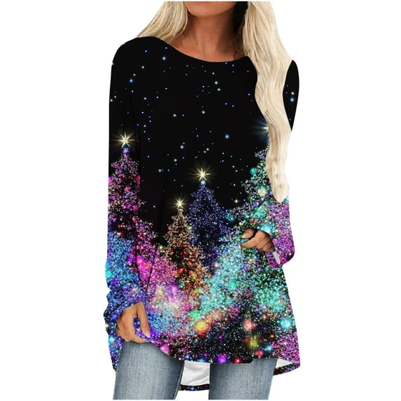 Lopecy-Sta Women's Christmas Tree Star Print Top, Casual Long Sleeve Round Neck Tunic Shirt, Loose Fit Cotton Blouse for Holiday Black XL