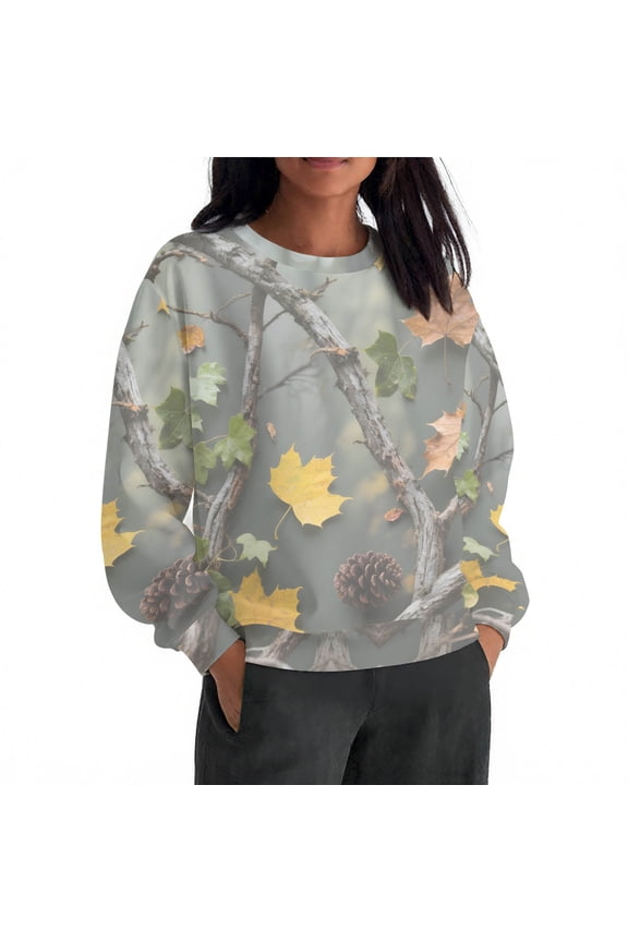 Women's Fall Leaf & Branch Camo Print Loose Long Sleeve Sweatshirt, Casual Crew Neck Pullover, Fashion Comfortable Autumn Top for Women White 2XL