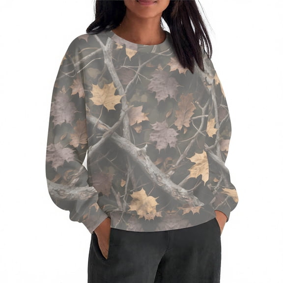 Lopecy-Sta Women's Fall Leaf Print Loose Long Sleeve Sweatshirt, Casual Camo Graphic Pullover, Fashion Comfortable Crew Neck Top for Autumn Gray M