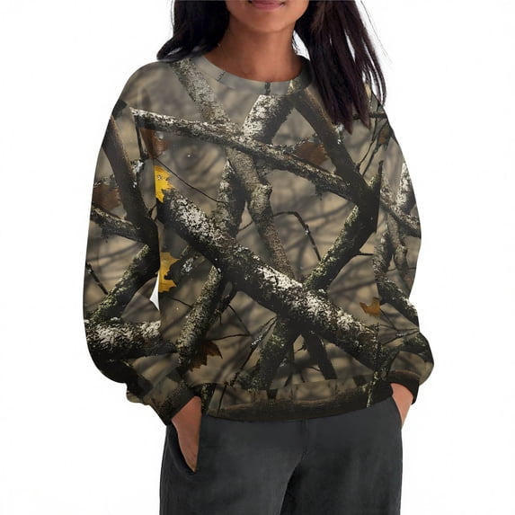 Lopecy-Sta Women's Fall Maple Leaf Camo Print Loose Long Sleeve Sweatshirt, Casual Crew Neck Pullover, Fashion Comfortable Autumn Top for Women Gray 2XL