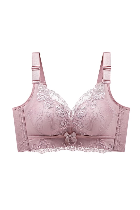 Women’s Floral Embroidery Lace Support Bra, Wire Free Nylon Spandex Firm Lift Bra, Wide Adjustable Straps, Deep V Neck Bow Decor Side Support Anti-Sagging Bra for All Day Wear