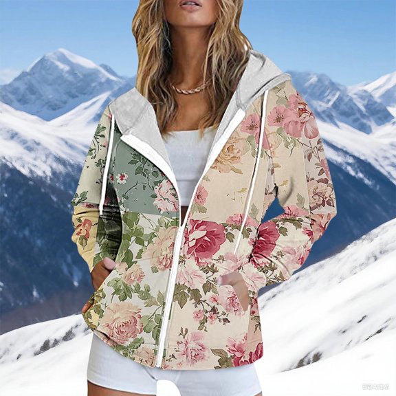 Lopecy-Sta Women's Floral Patchwork Zip-Up Hoodie, Drop Shoulder Long Sleeve Casual Sweatshirt with Pockets for Daily Wear Green 2XL