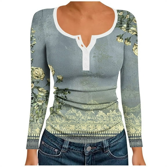Lopecy-Sta Women's Floral Print Henley Top, Ribbed Long Sleeve Square Neck T-Shirt, Casual Fashion Stretch Basic Layering Top for Daily Wear Yellow XL