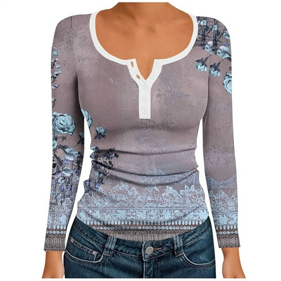 Lopecy-Sta Women's Floral Print Henley Top, Ribbed Long Sleeve Square Neck T-Shirt, Casual Fashion Stretch Basic Layering Top for Daily Wear Blue L